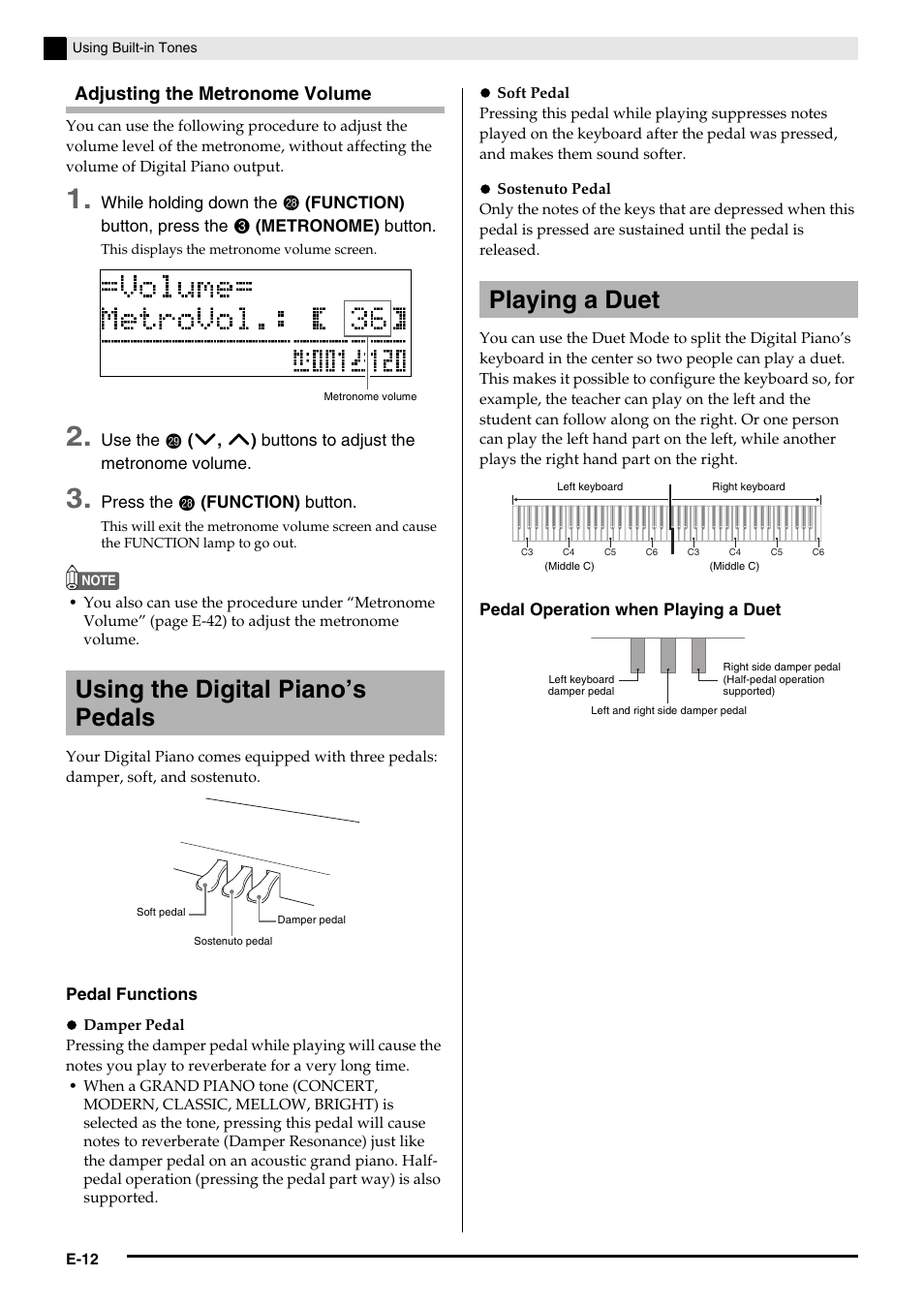 Using the digital piano’s pedals, Playing a duet, Adjusting the metronome volume | Casio AP-650M User Manual | Page 14 / 84
