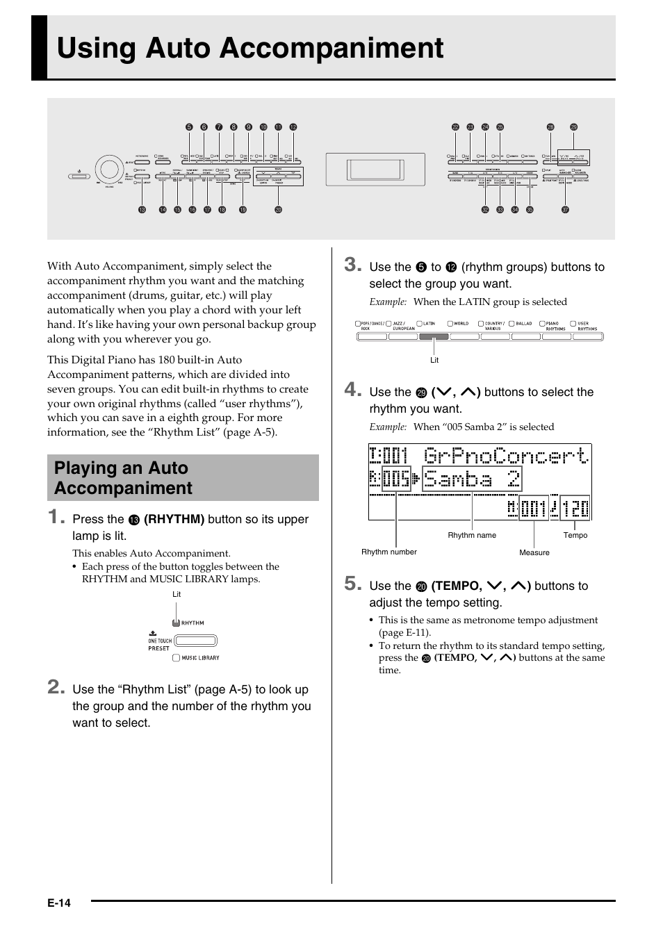 Using auto accompaniment, Playing an auto accompaniment | Casio AP-650M User Manual | Page 16 / 84