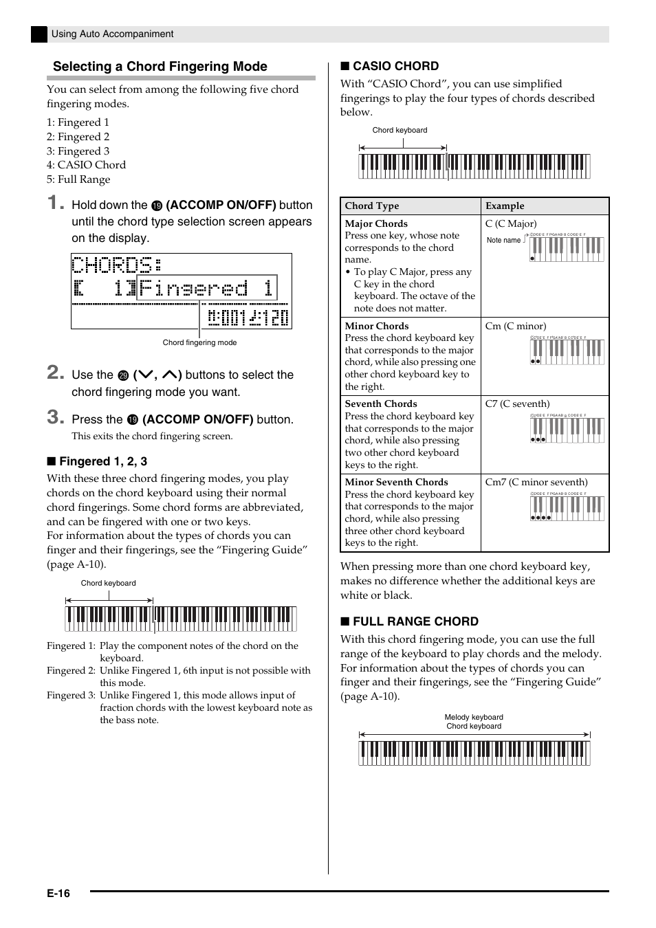 Selecting a chord fingering mode, Hold down the, Use the | Press the, Accomp on/off) button, Fingered 1, 2, 3, Casio chord, Full range chord, E-16, Using auto accompaniment | Casio AP-650M User Manual | Page 18 / 84