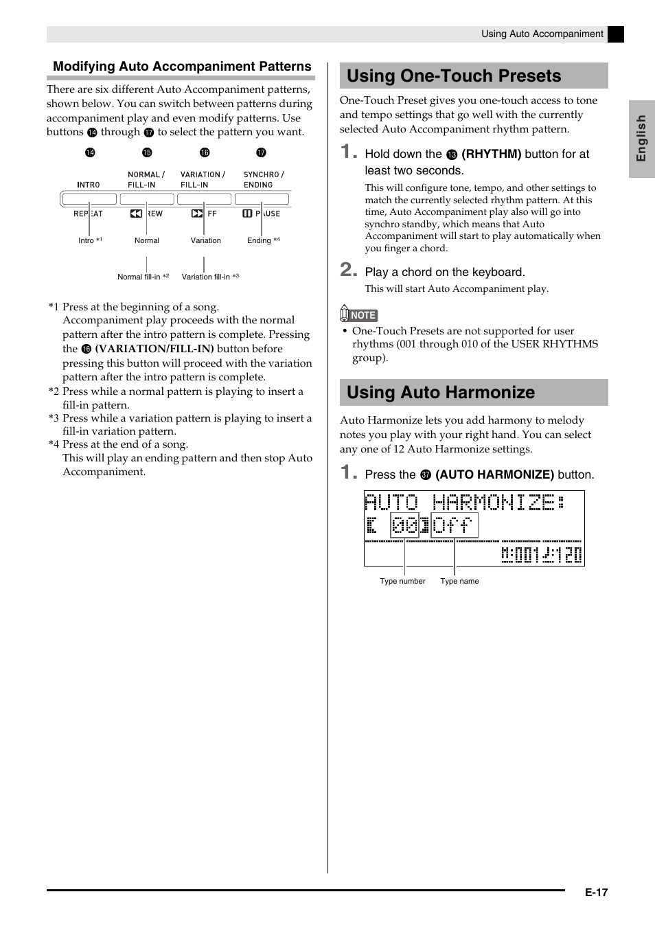 Using one-touch presets using auto harmonize, Modifying auto accompaniment patterns, Bo bp bq br | Casio AP-650M User Manual | Page 19 / 84