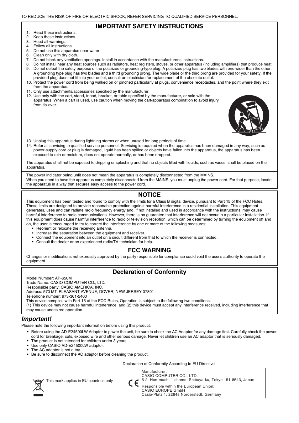 Important, Important safety instructions, Notice | Fcc warning, Declaration of conformity | Casio AP-650M User Manual | Page 2 / 84
