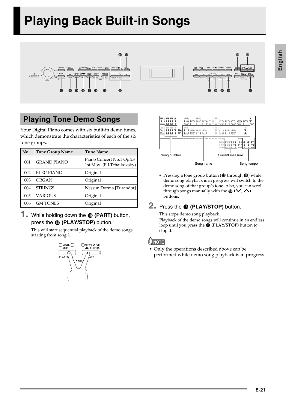 Playing back built-in songs, Playing tone demo songs | Casio AP-650M User Manual | Page 23 / 84