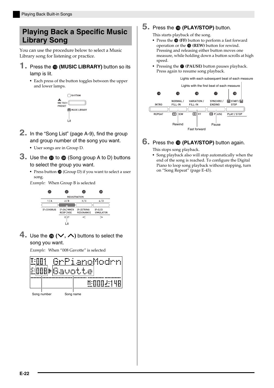 Playing back a specific music library song | Casio AP-650M User Manual | Page 24 / 84