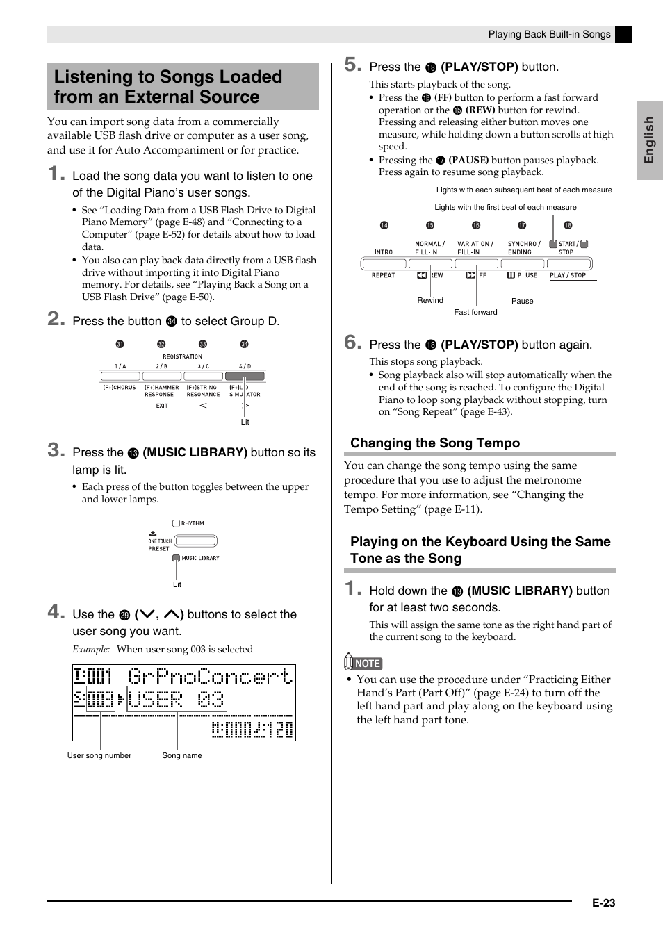 Listening to songs loaded from an external source | Casio AP-650M User Manual | Page 25 / 84