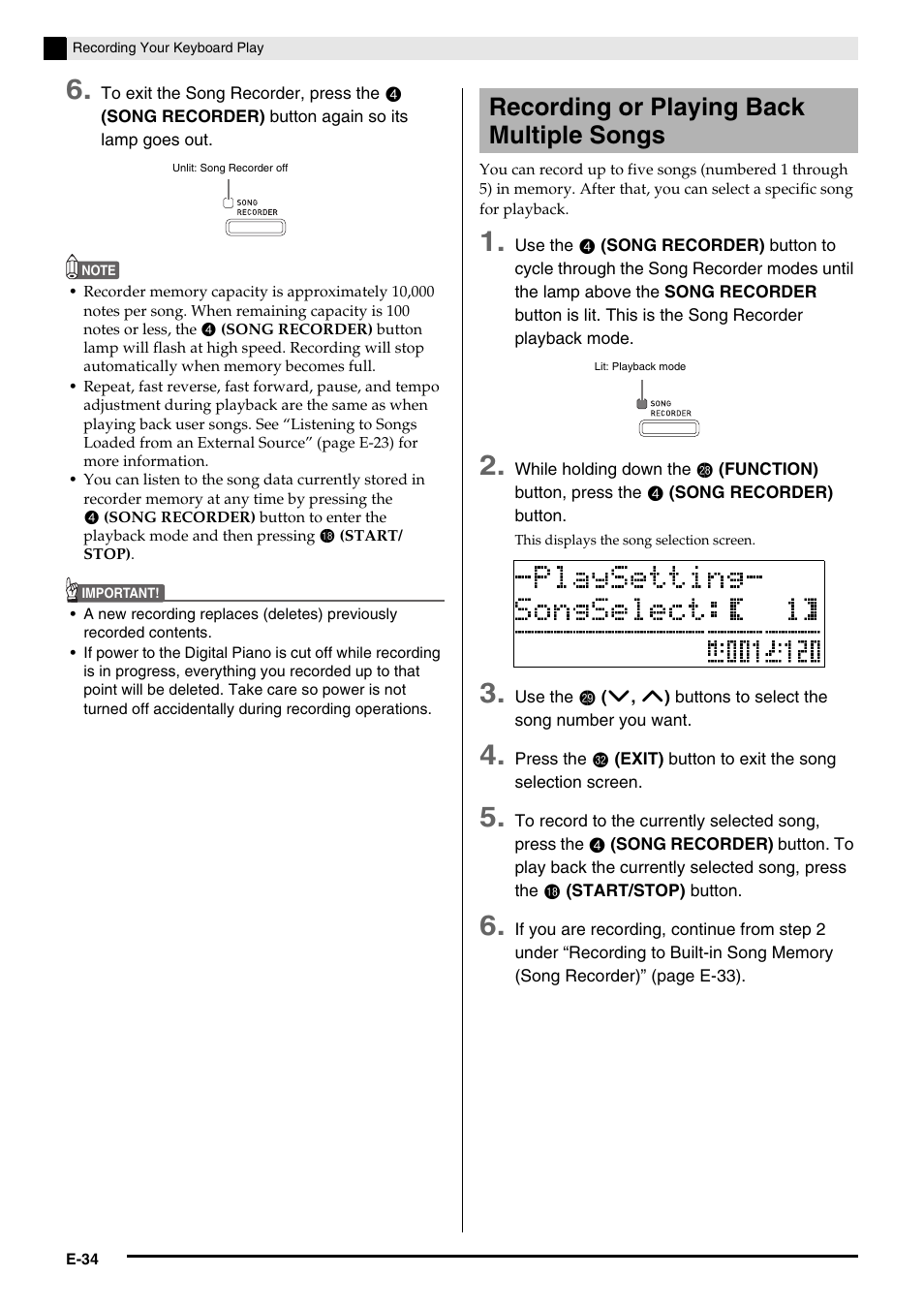 Recording or playing back multiple songs | Casio AP-650M User Manual | Page 36 / 84