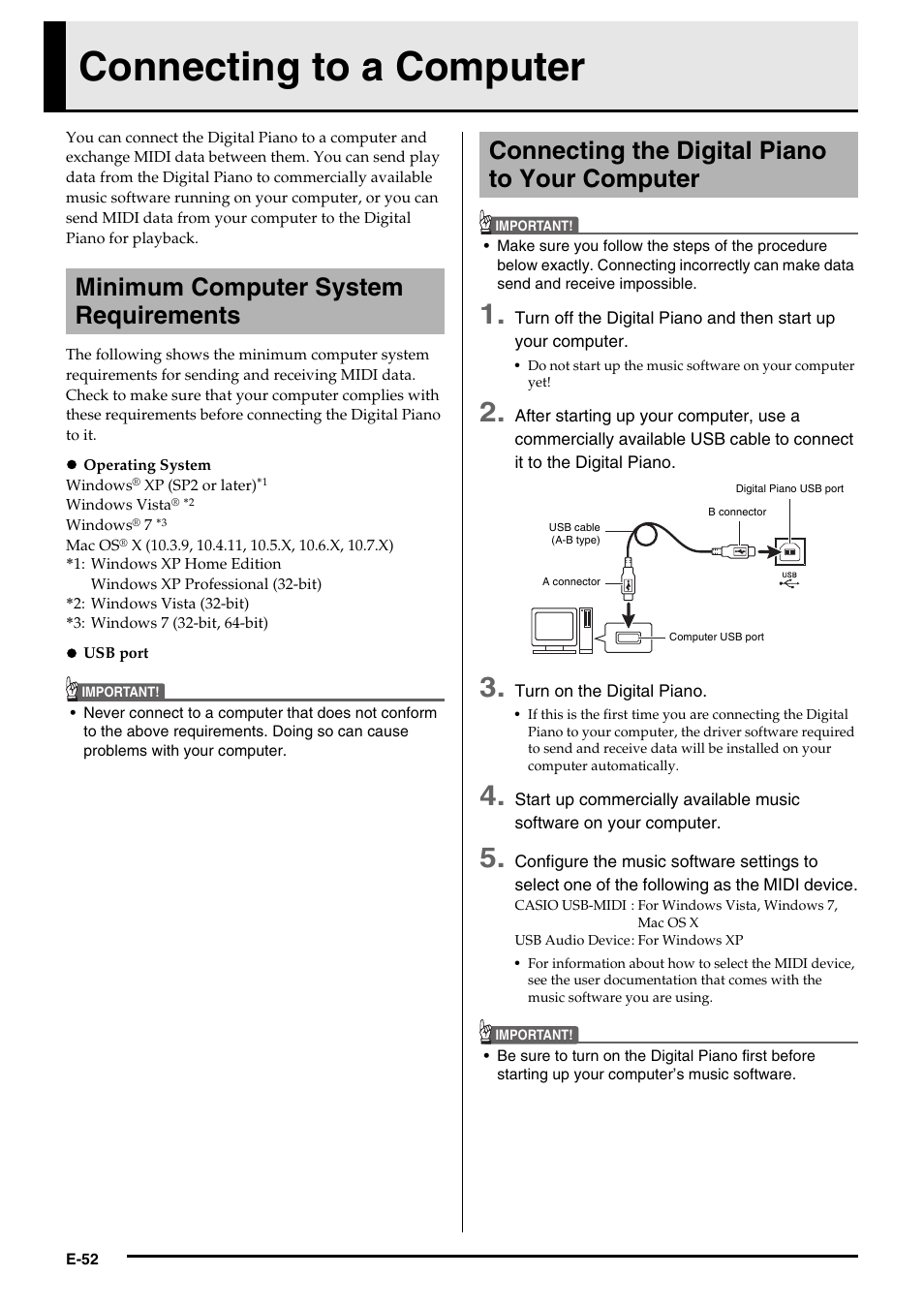 Connecting to a computer, Minimum computer system requirements, Connecting the digital piano to your computer | Casio AP-650M User Manual | Page 54 / 84