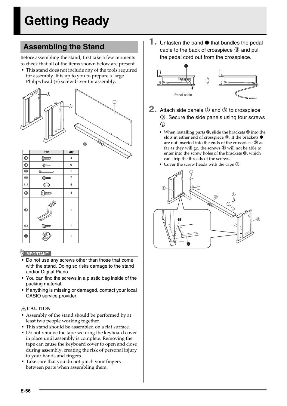 Getting ready, Assembling the stand | Casio AP-650M User Manual | Page 58 / 84