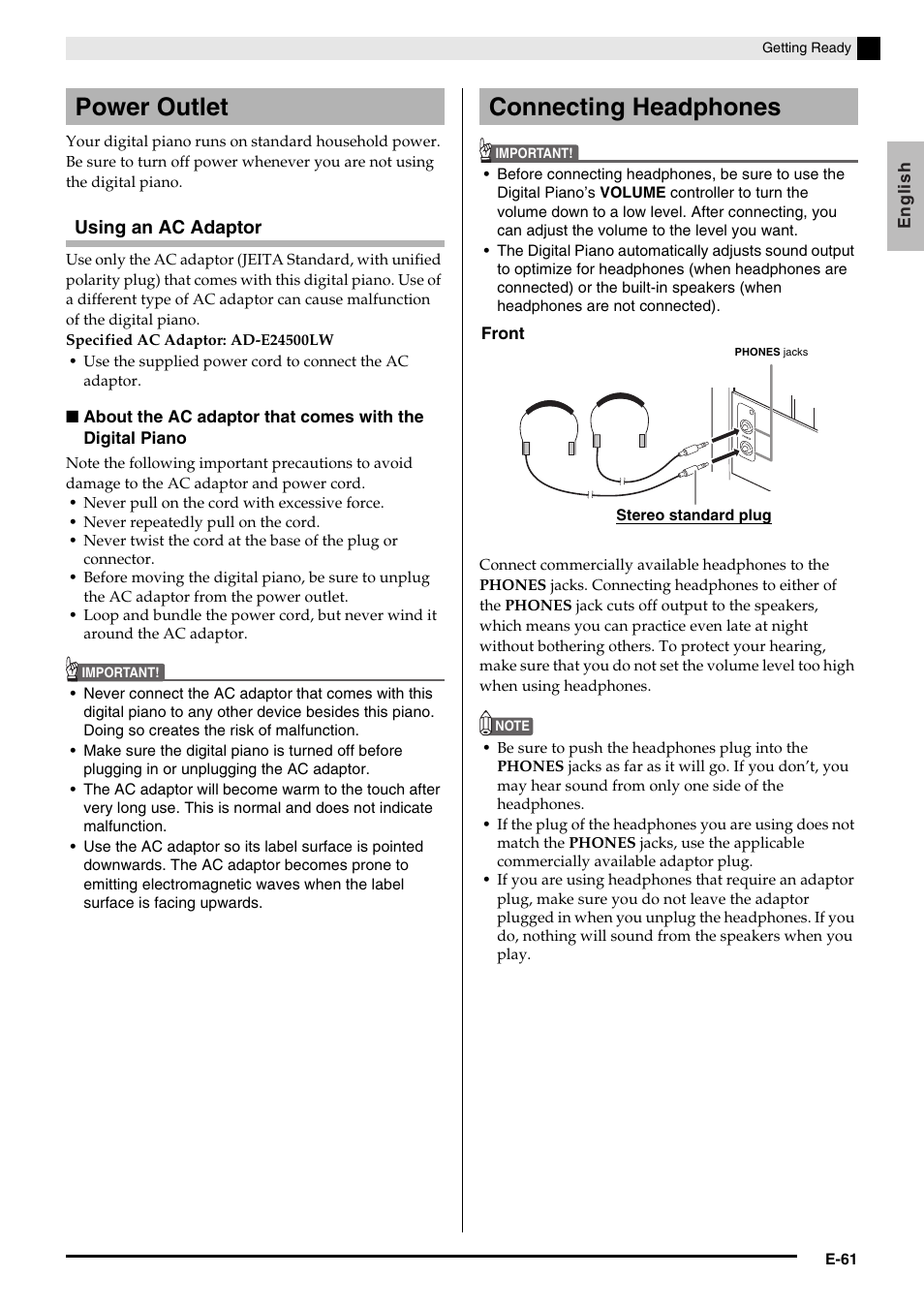 Power outlet connecting headphones, Using an ac adaptor | Casio AP-650M User Manual | Page 63 / 84