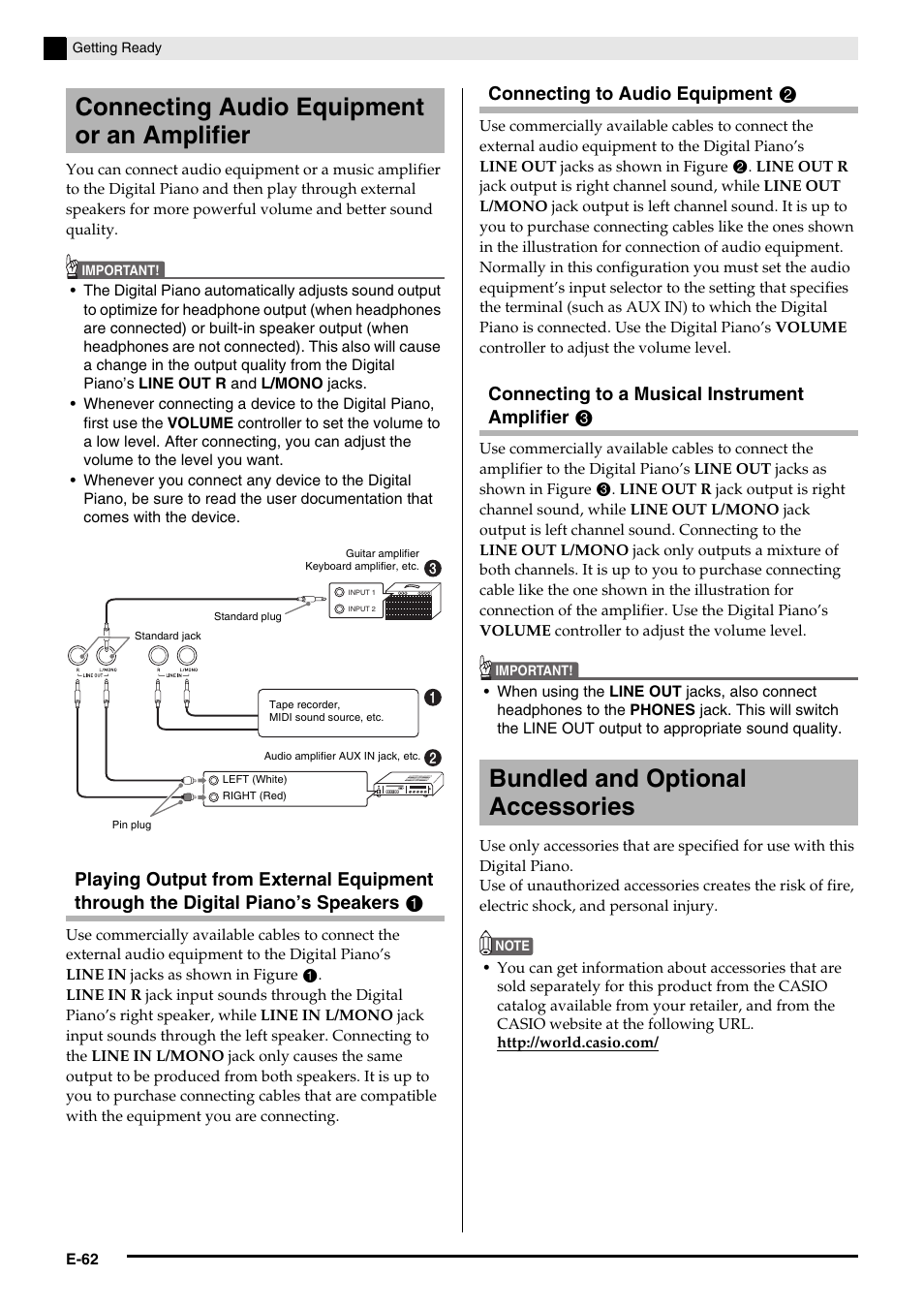 Connecting audio equipment or an amplifier, Bundled and optional accessories, Connecting to audio equipment | Connecting to a musical instrument amplifier | Casio AP-650M User Manual | Page 64 / 84