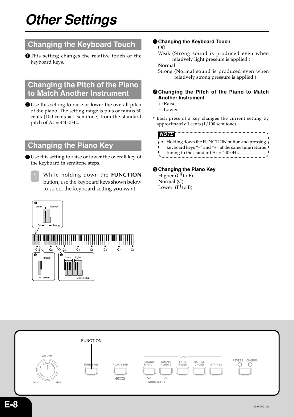 Other settings, Changing the keyboard touch, Changing the piano key | Casio CDP-100 User Manual | Page 10 / 16