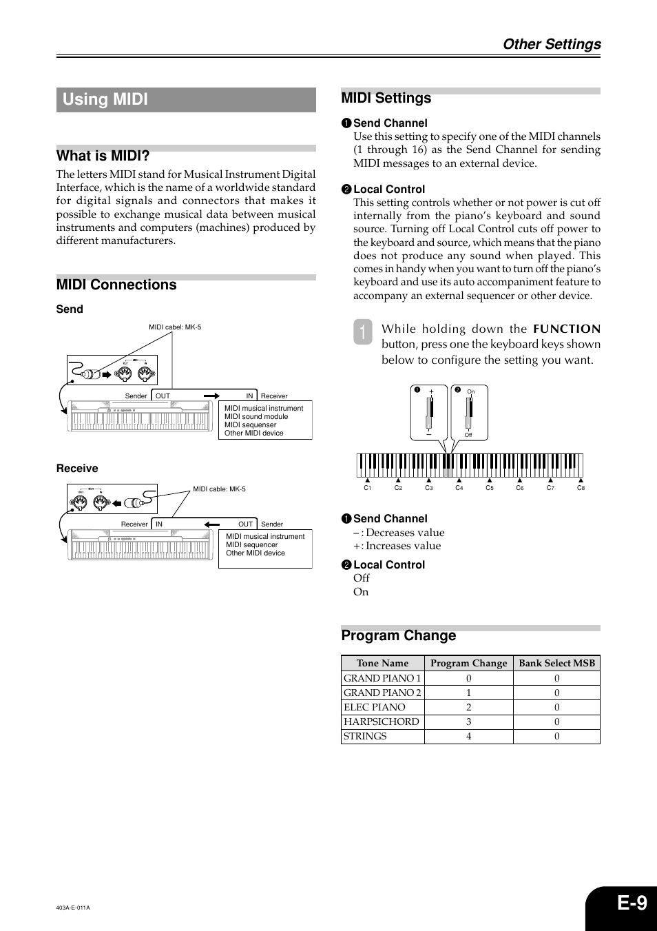 Using midi, Other settings, What is midi | Midi connections, Midi settings, Program change, Send receive | Casio CDP-100 User Manual | Page 11 / 16