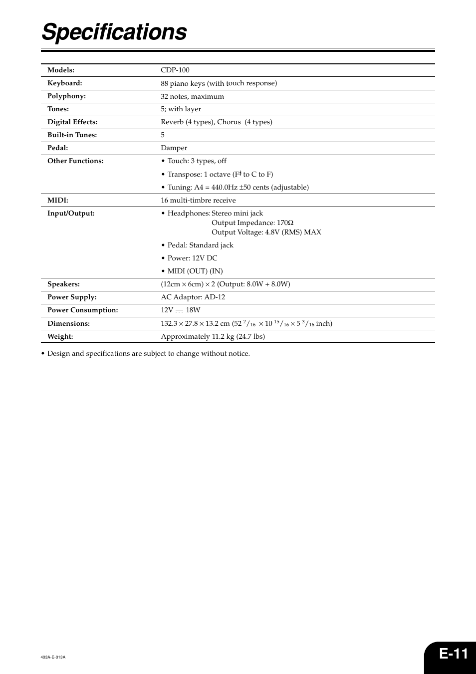 Specifications, E-11 | Casio CDP-100 User Manual | Page 13 / 16