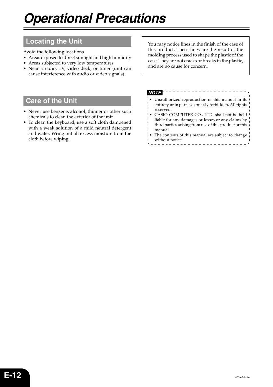 Operational precautions, E-12, Locating the unit | Care of the unit | Casio CDP-100 User Manual | Page 14 / 16