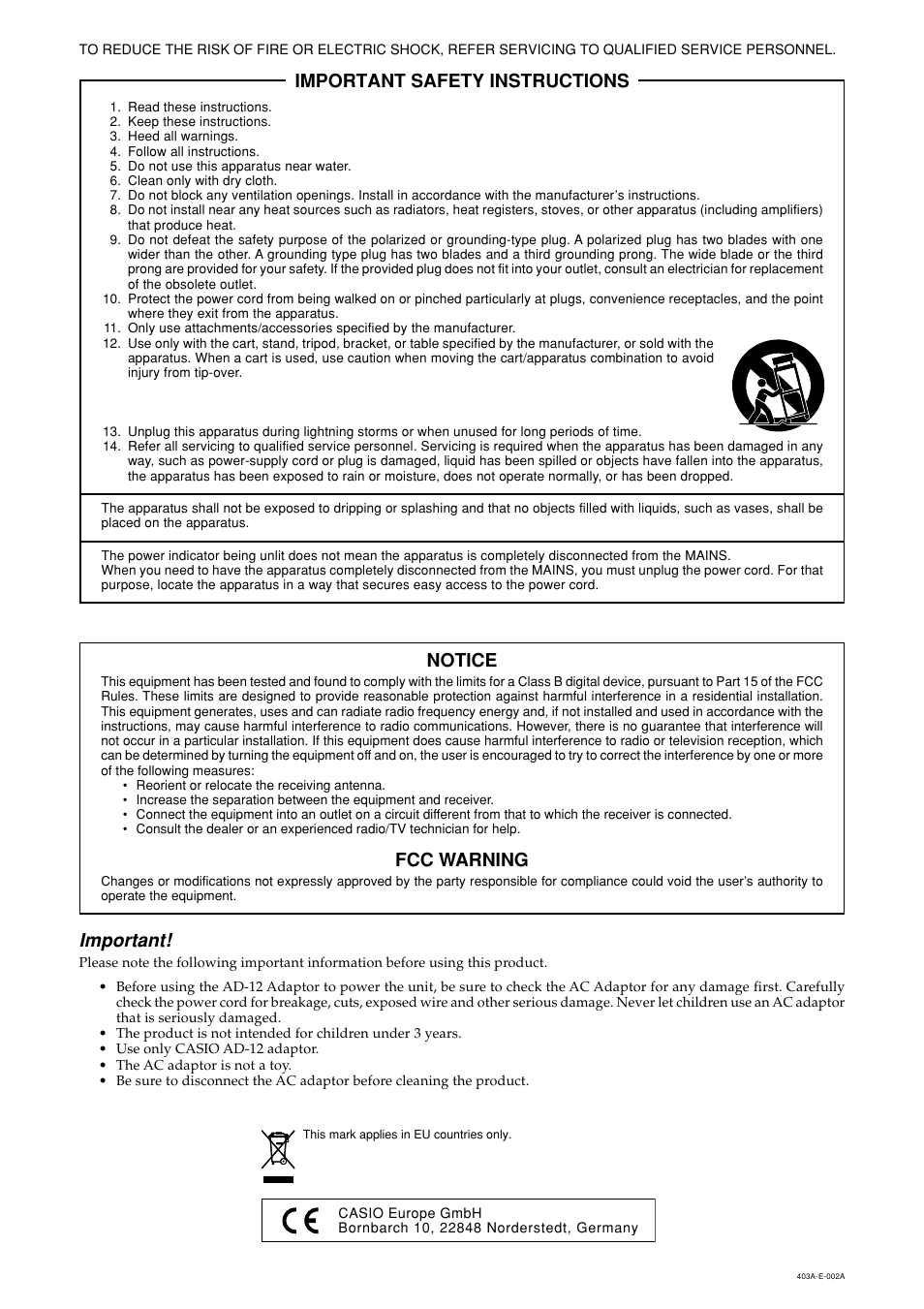 Important, Important safety instructions, Notice | Fcc warning | Casio CDP-100 User Manual | Page 2 / 16