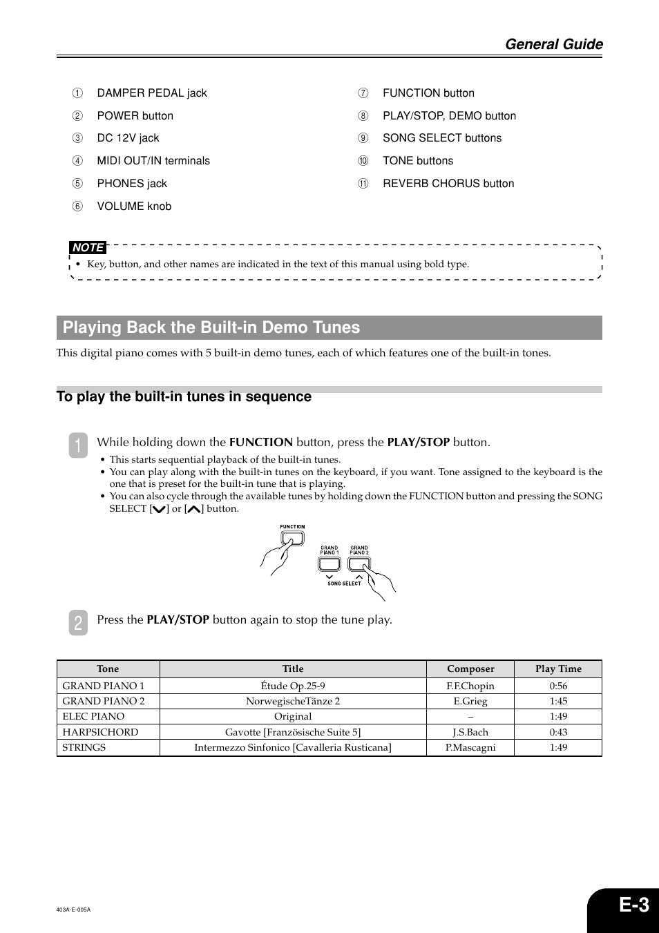 Playing back the built-in demo tunes, General guide | Casio CDP-100 User Manual | Page 5 / 16