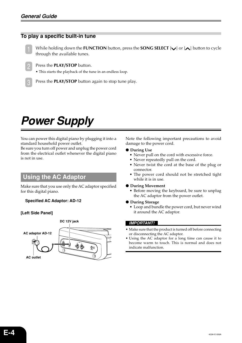 Power supply, Using the ac adaptor | Casio CDP-100 User Manual | Page 6 / 16