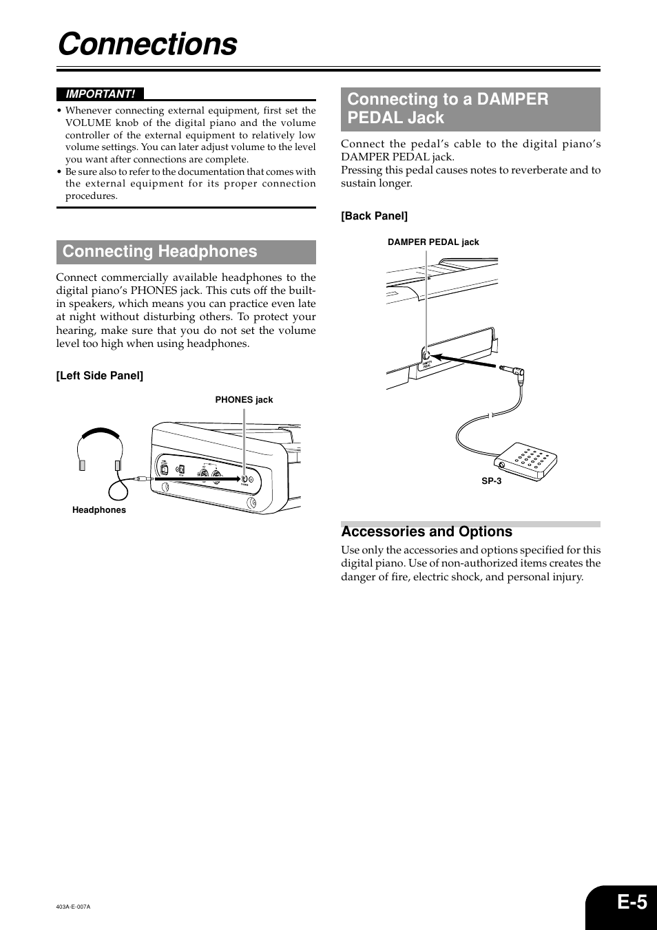 Connections, Connecting headphones, Connecting to a damper pedal jack | Casio CDP-100 User Manual | Page 7 / 16