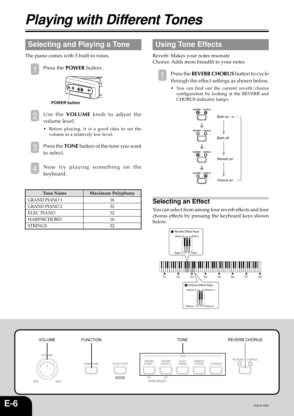Playing with different tones, Selecting and playing a tone, Using tone effects | Selecting an effect, Press the power button, Use the volume knob to adjust the volume level, Now try playing something on the keyboard | Casio CDP-100 User Manual | Page 8 / 16