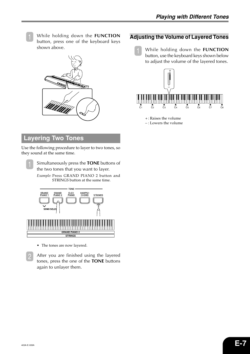 Layering two tones, Playing with different tones, Adjusting the volume of layered tones | Casio CDP-100 User Manual | Page 9 / 16