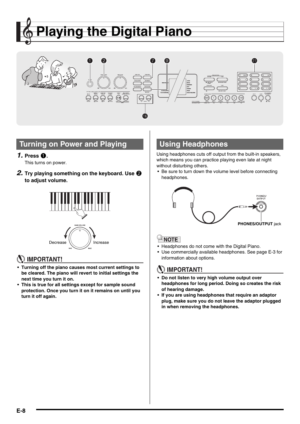 Playing the digital piano, Turning on power and playing, Using headphones | Casio CDP-200R User Manual | Page 10 / 78