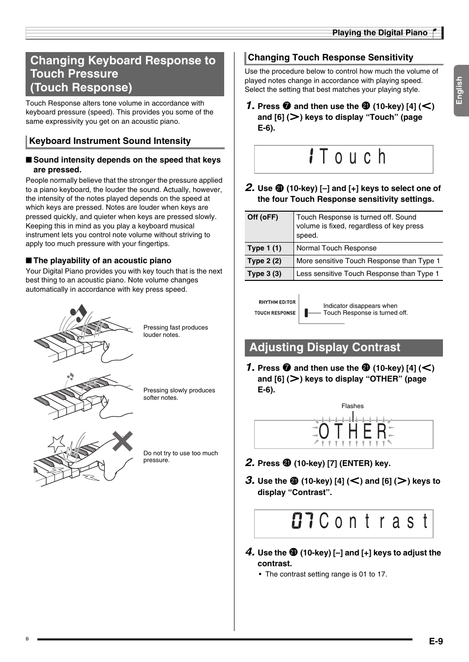 Adjusting display contrast | Casio CDP-200R User Manual | Page 11 / 78