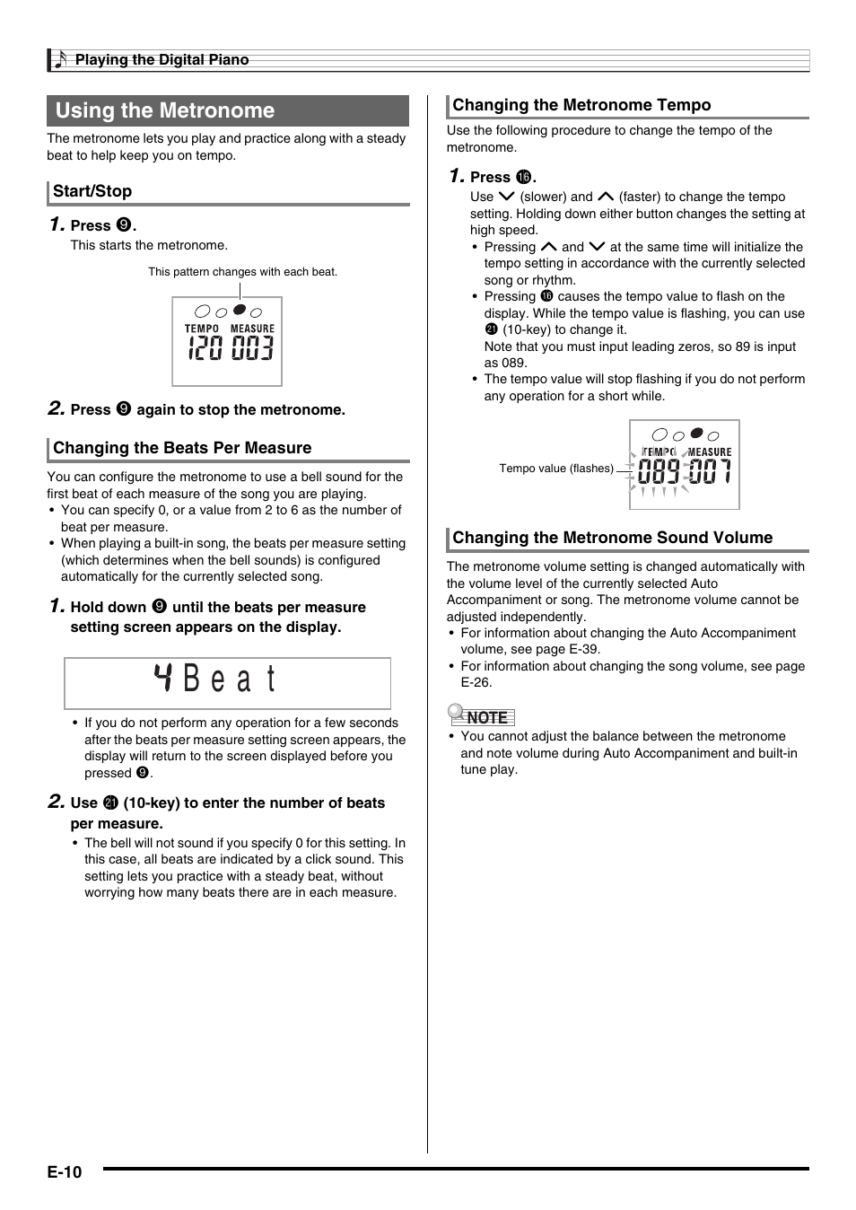 B e a t, Using the metronome | Casio CDP-200R User Manual | Page 12 / 78