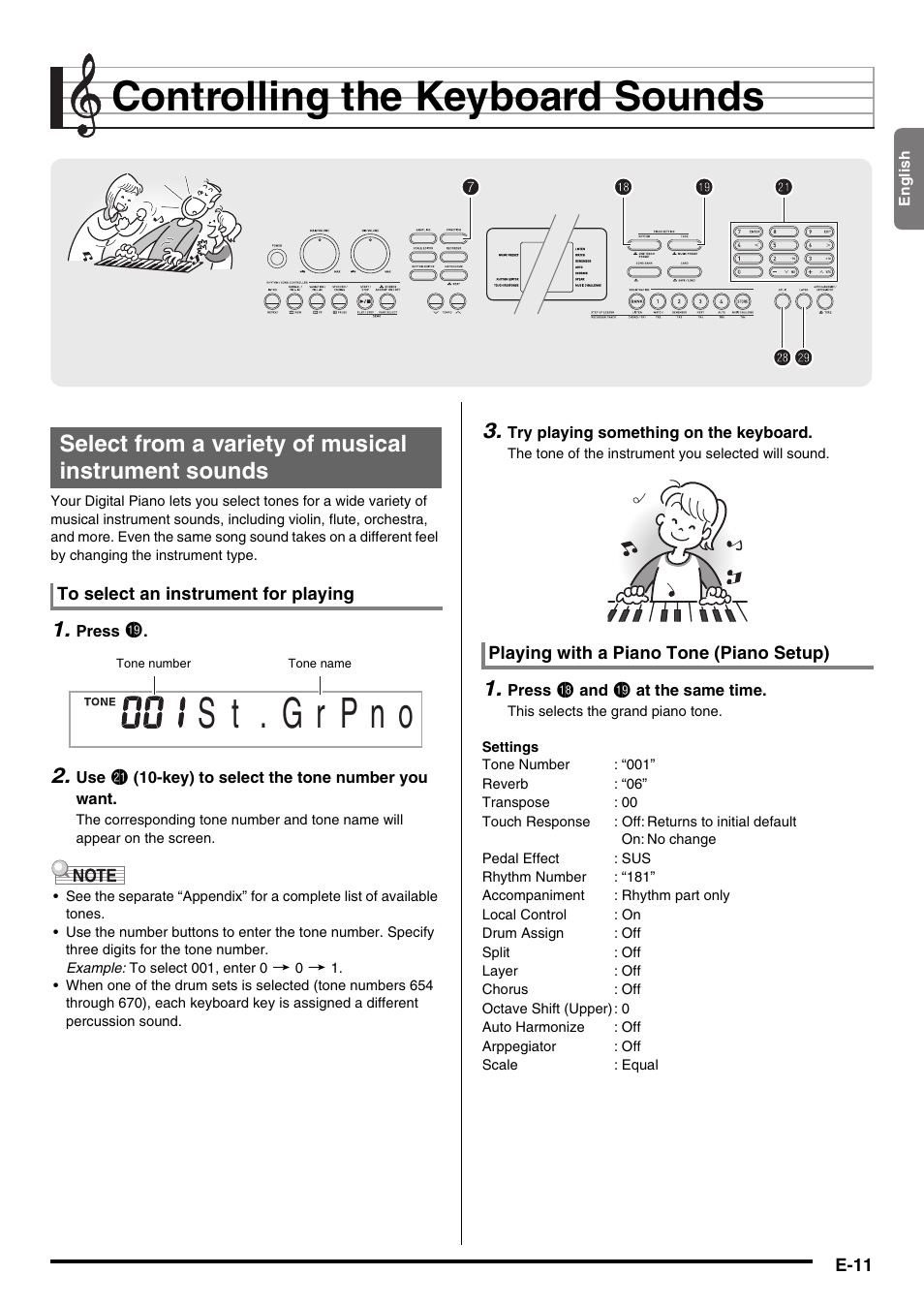 Controlling the keyboard sounds, Select from a variety of musical instrument sounds, 7bt bt bs bs cs csct ct cl cl | Casio CDP-200R User Manual | Page 13 / 78