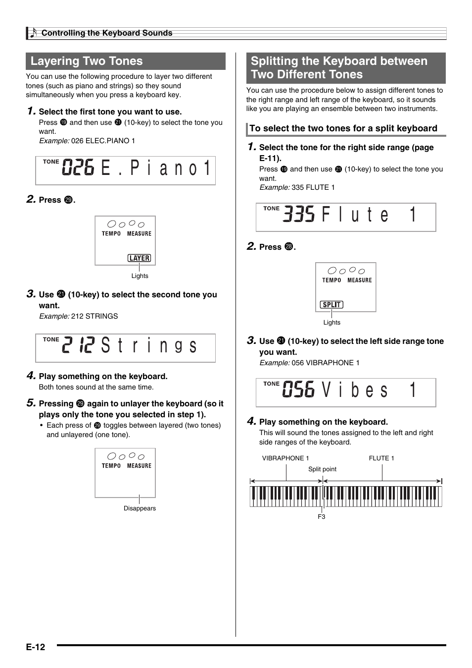 Layering two tones, Splitting the keyboard between two different tones | Casio CDP-200R User Manual | Page 14 / 78