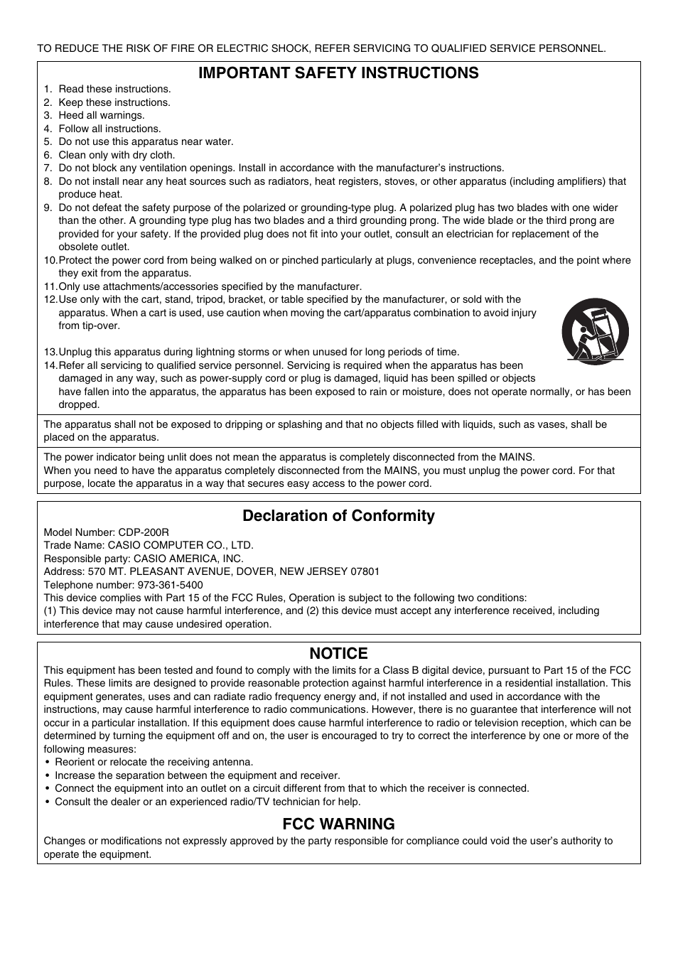 Important safety instructions, Declaration of conformity, Notice | Fcc warning | Casio CDP-200R User Manual | Page 2 / 78