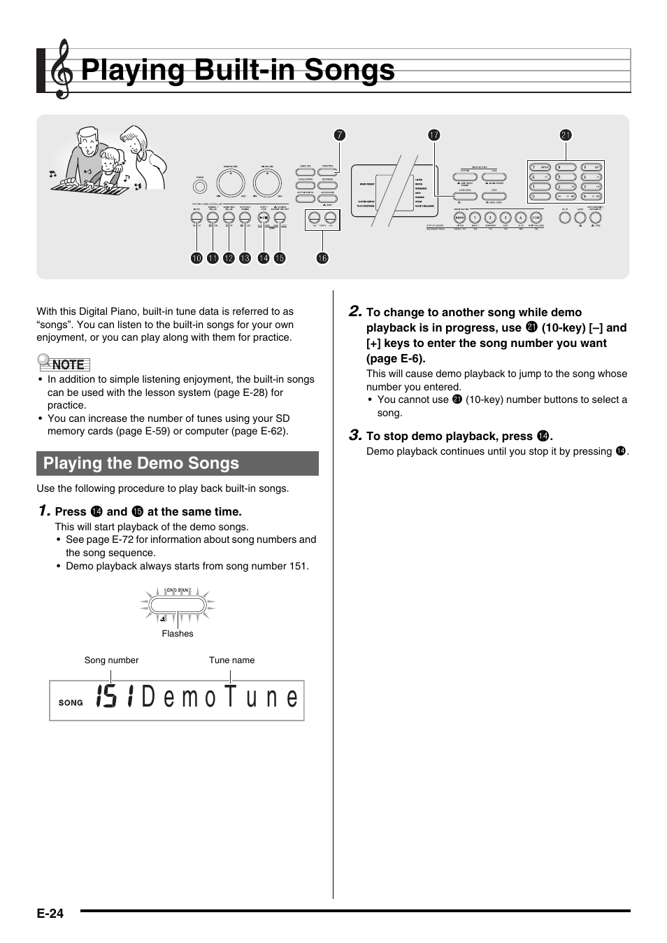 Playing built-in songs, Playing the demo songs | Casio CDP-200R User Manual | Page 26 / 78