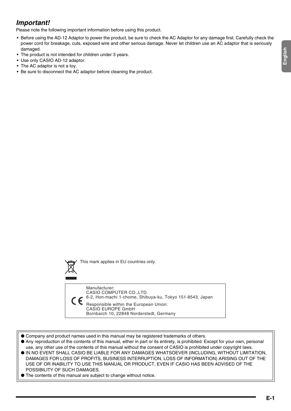 Important | Casio CDP-200R User Manual | Page 3 / 78