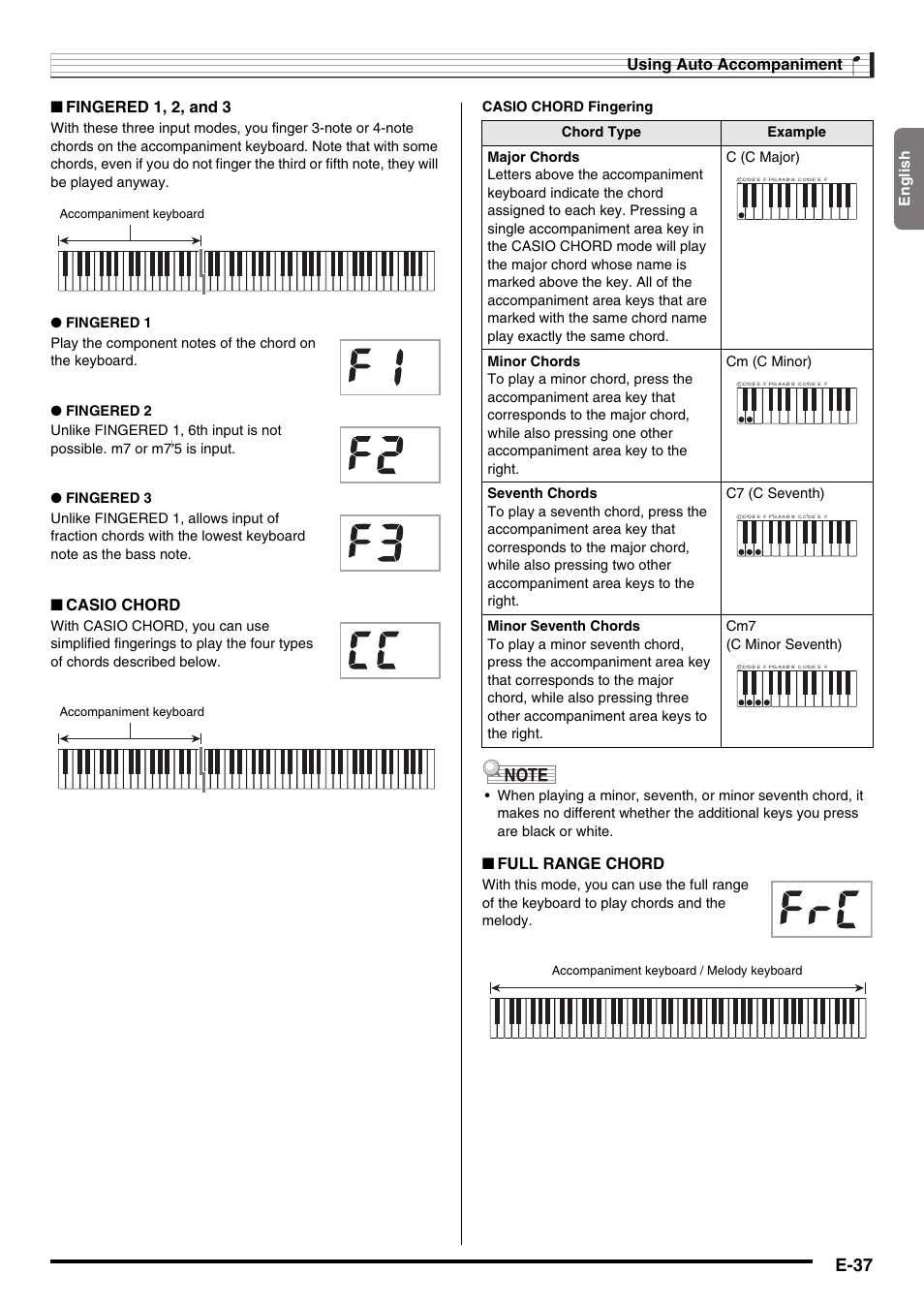 E-37, Using auto accompaniment, Fingered 1, 2, and 3 | Casio chord, Full range chord, English, Accompaniment keyboard, Accompaniment keyboard / melody keyboard | Casio CDP-200R User Manual | Page 39 / 78