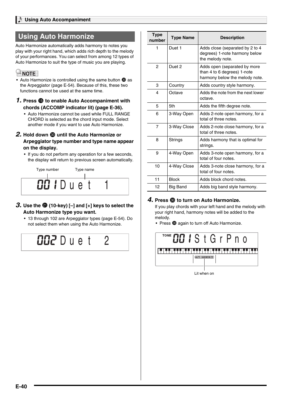 D u e t, Using auto harmonize | Casio CDP-200R User Manual | Page 42 / 78