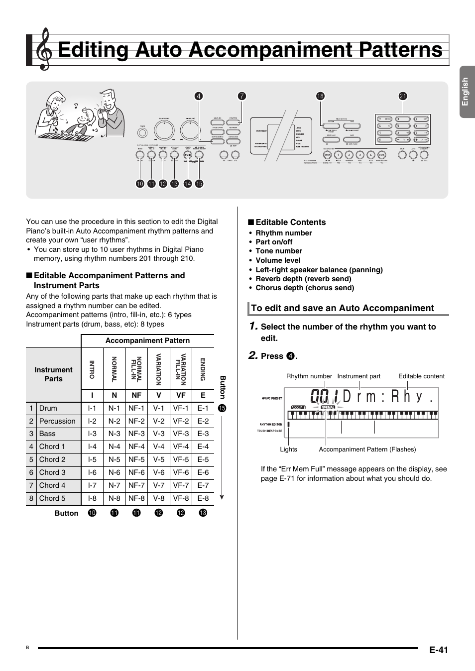 Editing auto accompaniment patterns, D r m : r h, Bk bl bl bm bm bn | Casio CDP-200R User Manual | Page 43 / 78