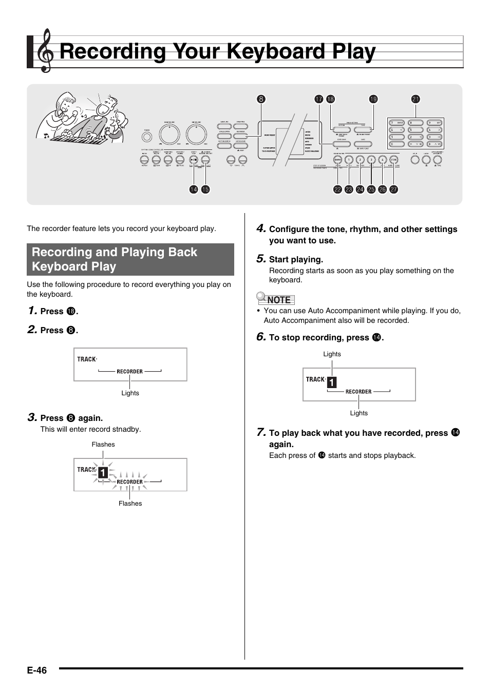 Recording your keyboard play, Recording and playing back keyboard play | Casio CDP-200R User Manual | Page 48 / 78