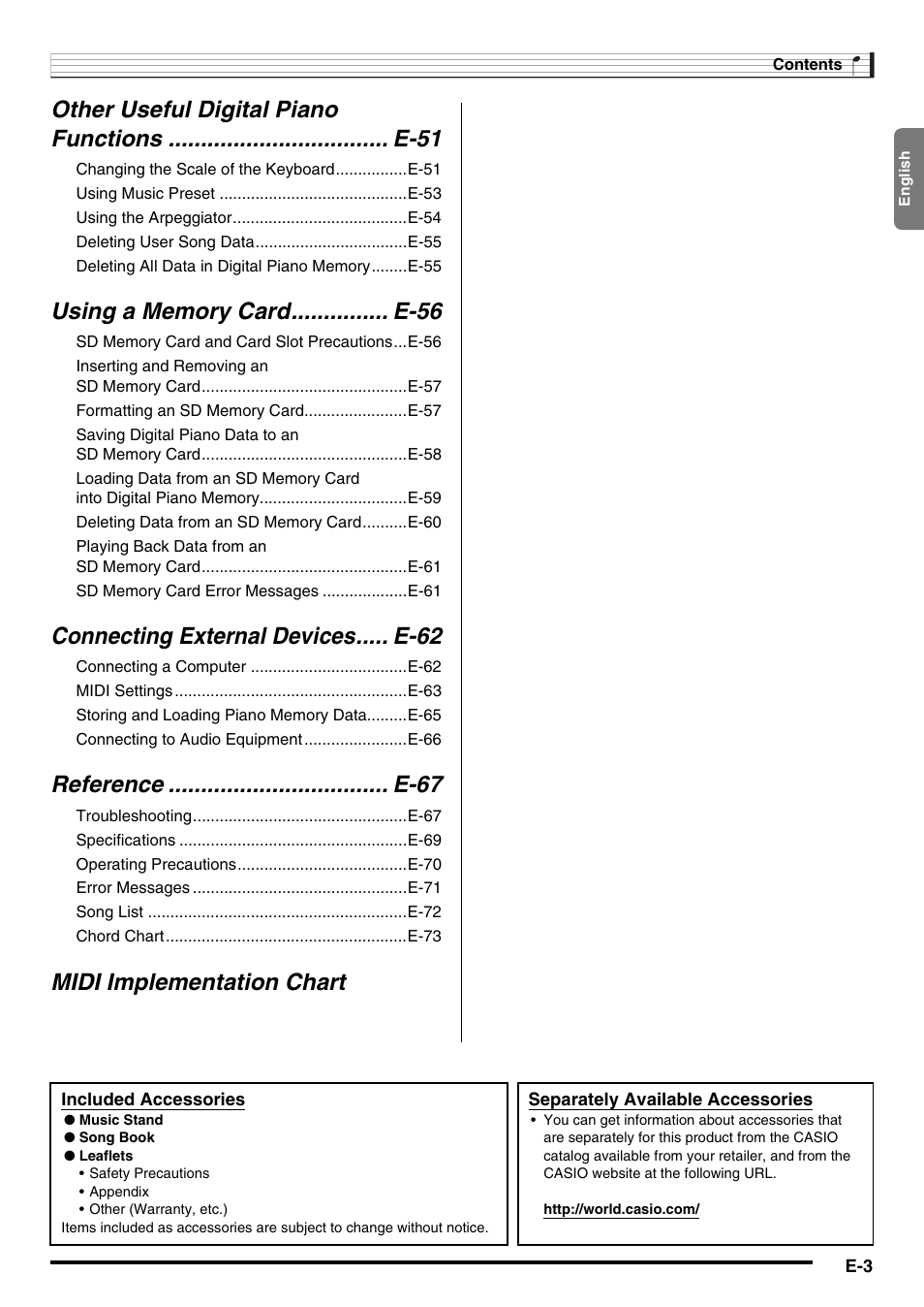 Connecting external devices..... e-62, Reference .................................. e-67, Midi implementation chart | Casio CDP-200R User Manual | Page 5 / 78
