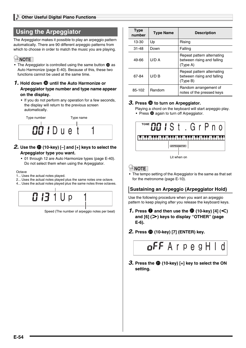 H l d, Using the arpeggiator | Casio CDP-200R User Manual | Page 56 / 78