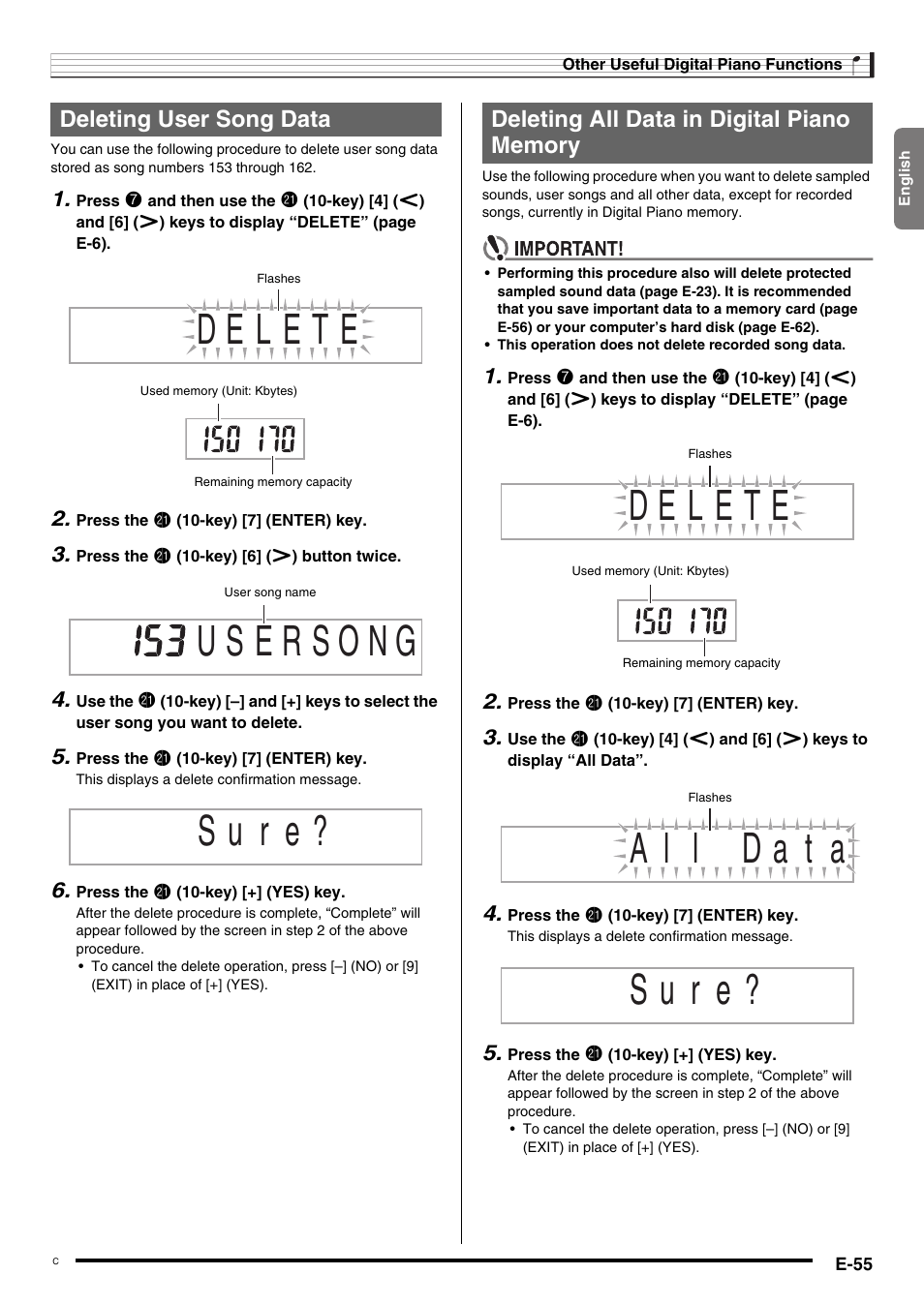 S u r e, Deleting user song data | Casio CDP-200R User Manual | Page 57 / 78