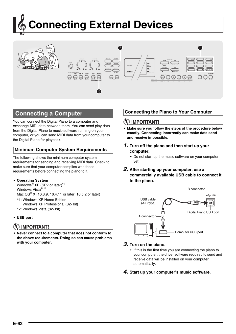 Connecting external devices, Connecting a computer, 7bp bp cl cl | Casio CDP-200R User Manual | Page 64 / 78