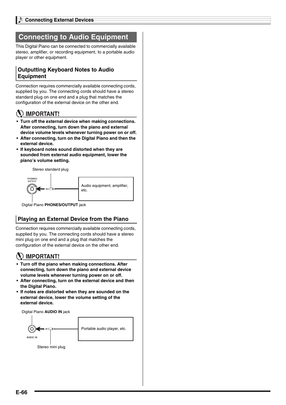Connecting to audio equipment, E-66 | Casio CDP-200R User Manual | Page 68 / 78