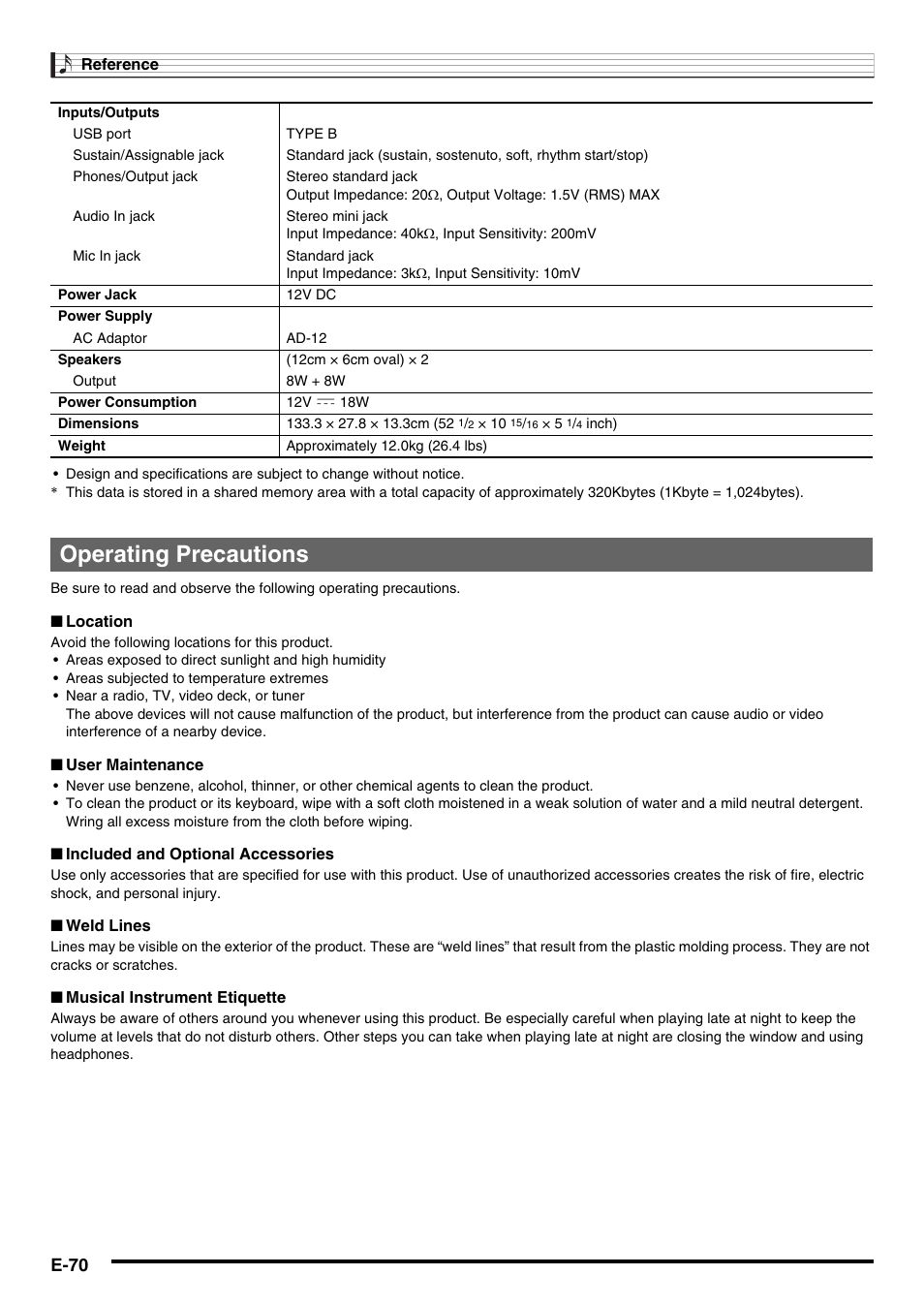 Operating precautions, E-70 | Casio CDP-200R User Manual | Page 72 / 78