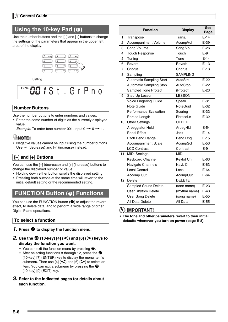 Using the 10-key pad, Function button, Functions | Casio CDP-200R User Manual | Page 8 / 78