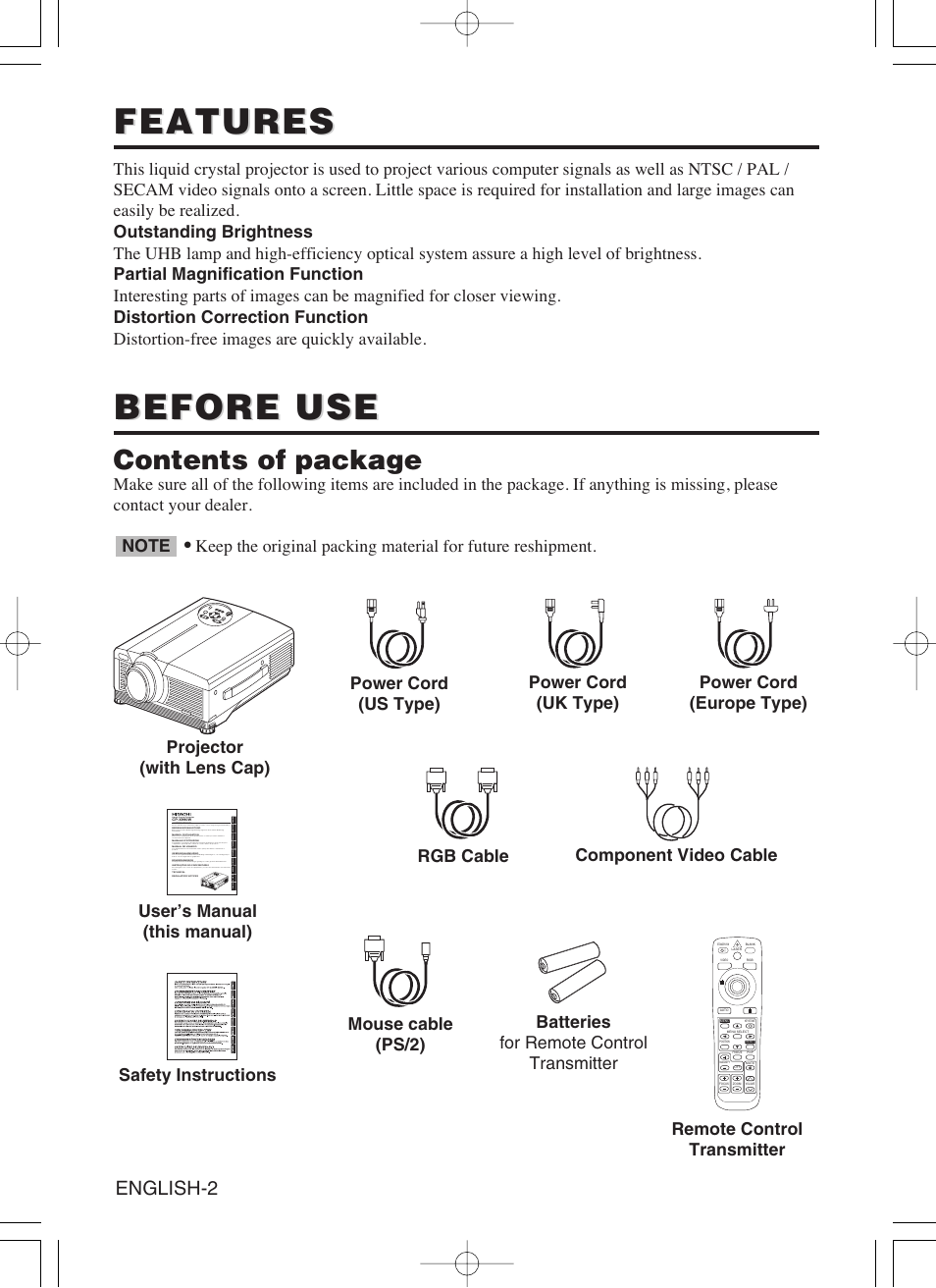 Features, Before use, Contents of package | English-2 | Dukane 8941A User Manual | Page 4 / 42