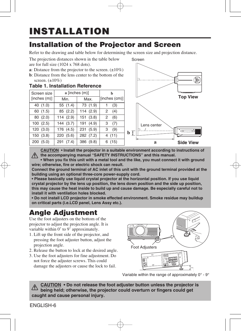 Installation, Installation of the projector and screen, Angle adjustment | Dukane 8941A User Manual | Page 8 / 42