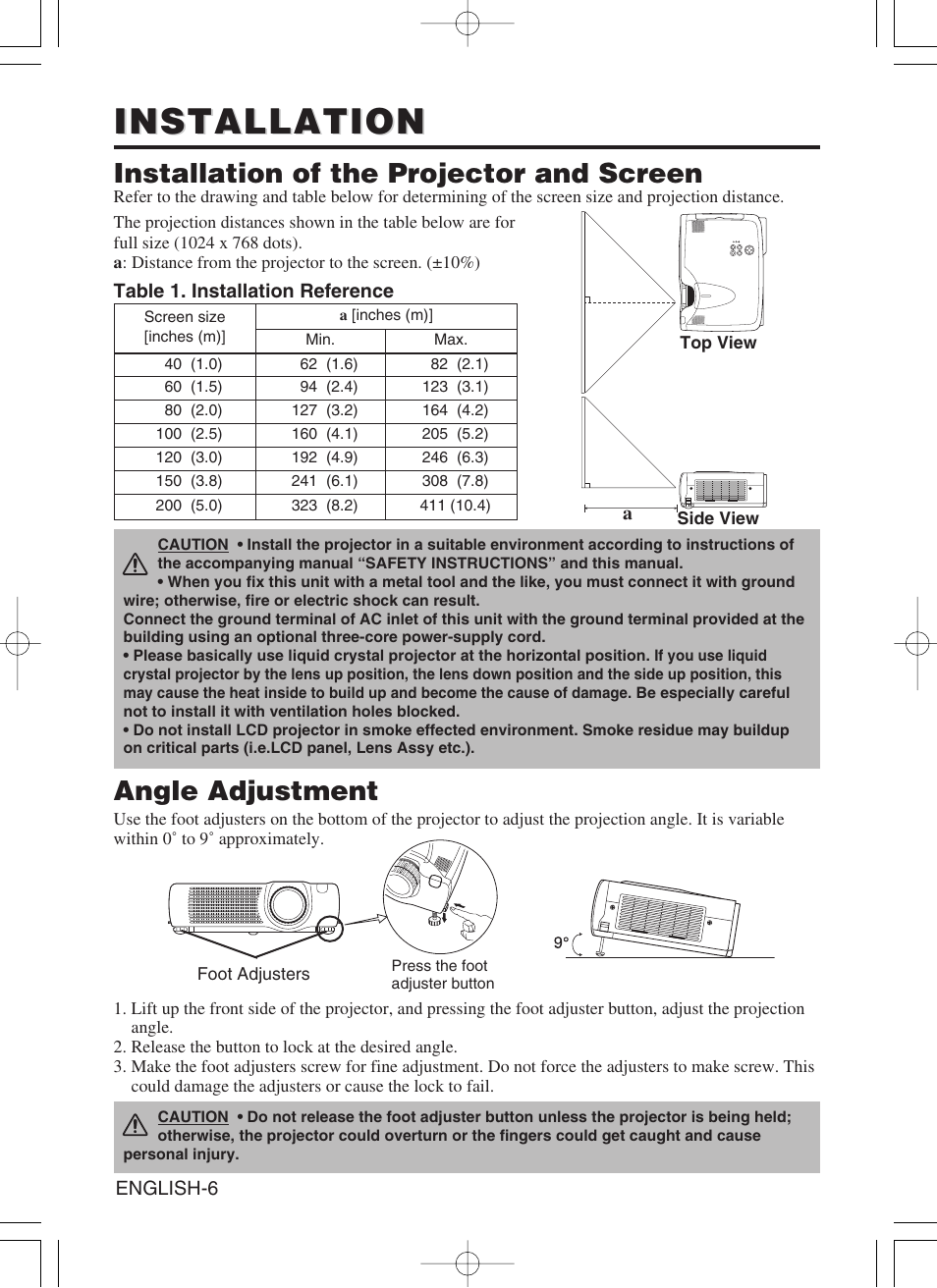 Installation, Installation of the projector and screen, Angle adjustment | Dukane 28A8910 User Manual | Page 16 / 50