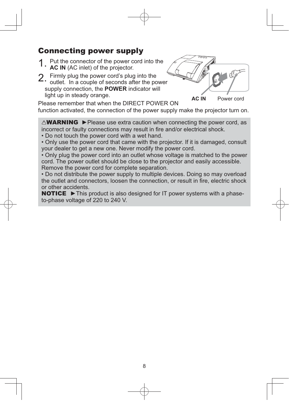 Connecting power supply | Dukane Data Video Projector 8105B User Manual | Page 10 / 26