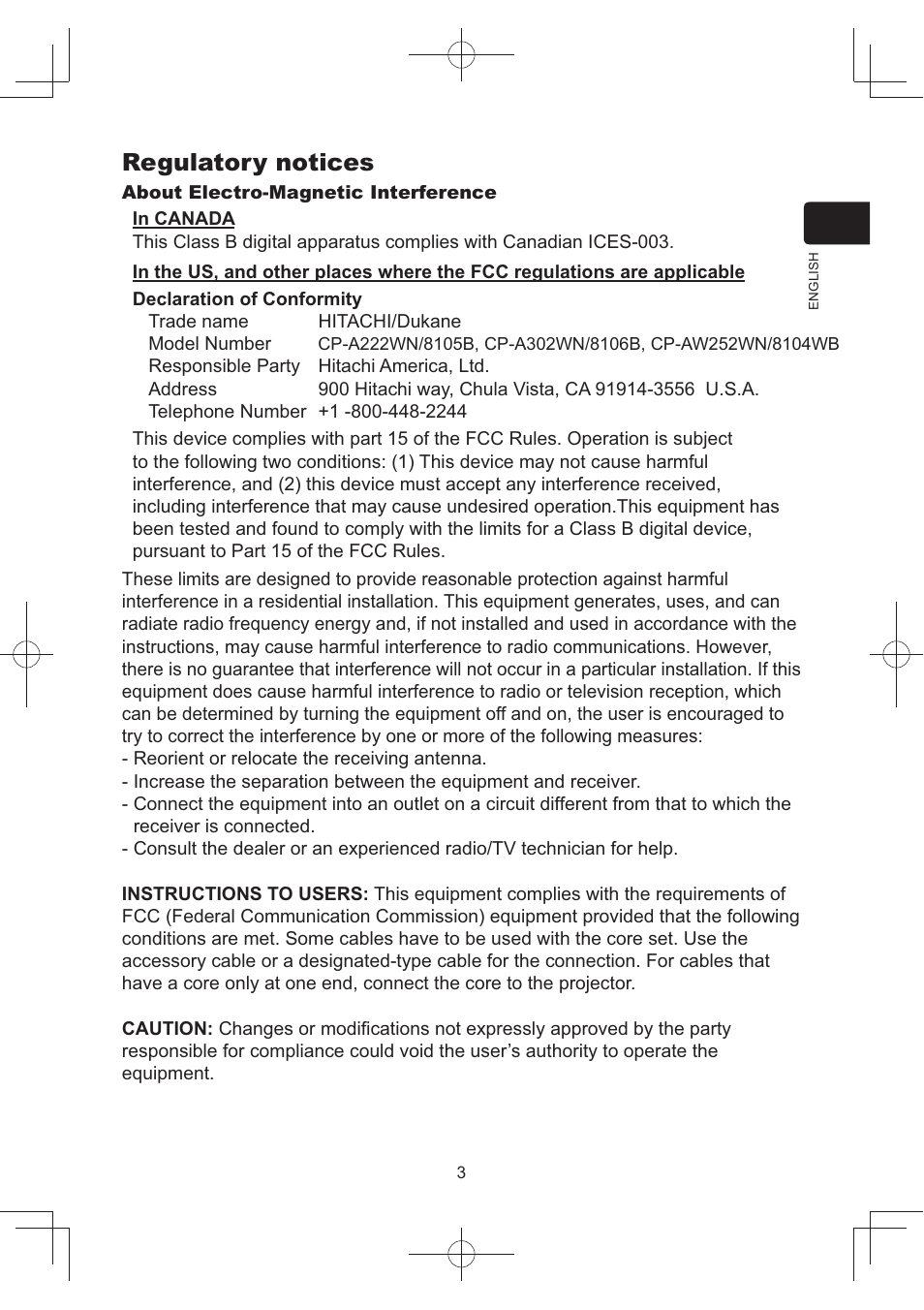 Regulatory notices | Dukane Data Video Projector 8105B User Manual | Page 5 / 26