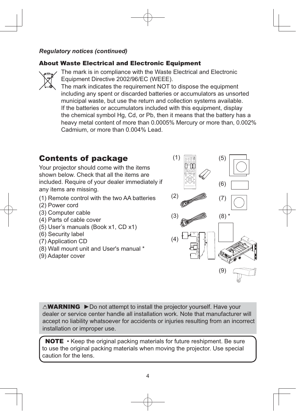 Contents of package | Dukane Data Video Projector 8105B User Manual | Page 6 / 26