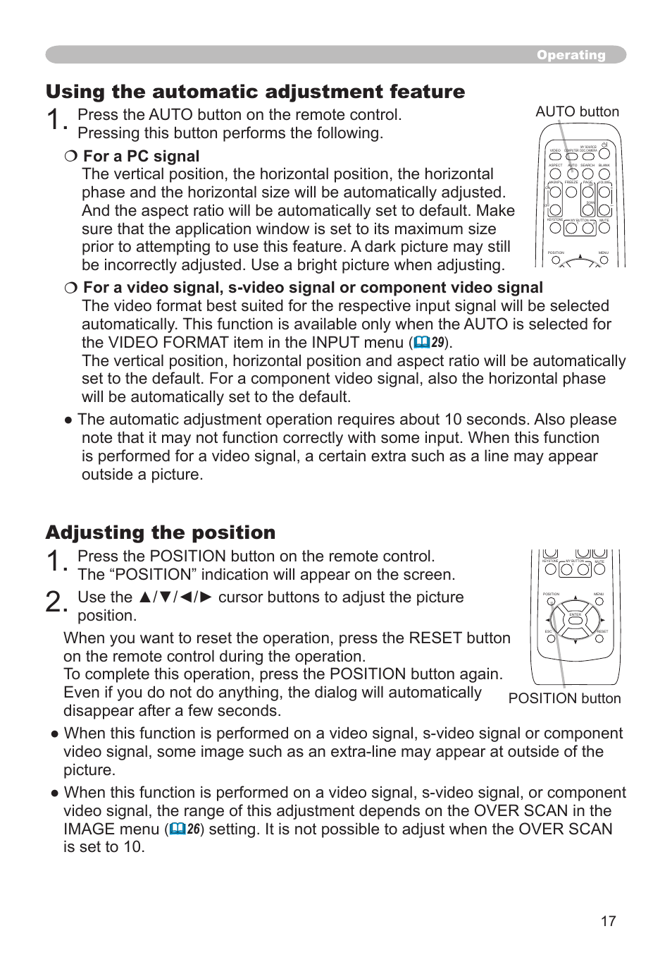 Adjusting the position, Using the automatic adjustment feature, Position button | Auto button, Operating | Dukane Projector 8783 User Manual | Page 17 / 61