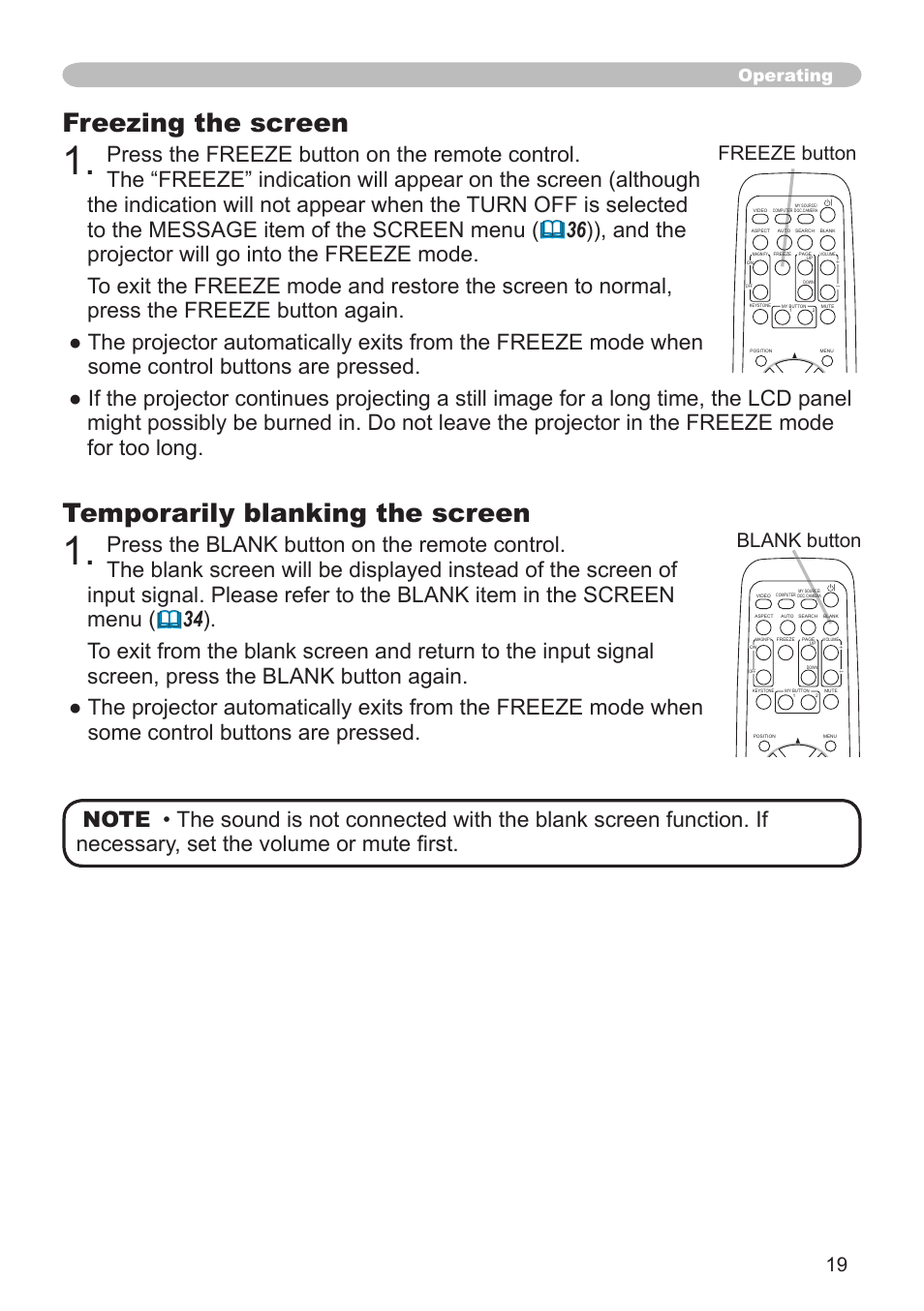 Temporarily blanking the screen, Freezing the screen, Freeze button | Blank button, Operating | Dukane Projector 8783 User Manual | Page 19 / 61